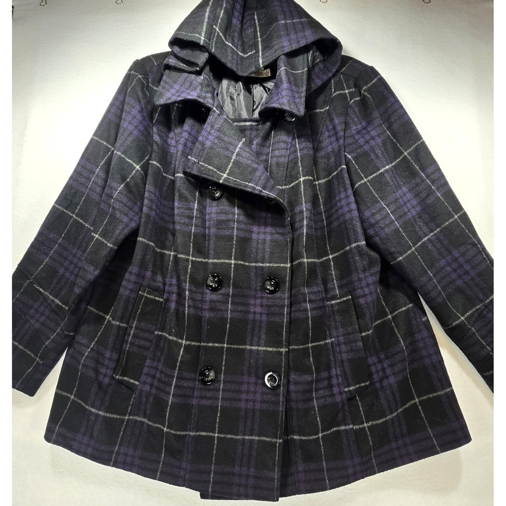 Faded Glory Womens 3X Purple Black Plaid Hooded Pea Coat Double Breasted Jacket